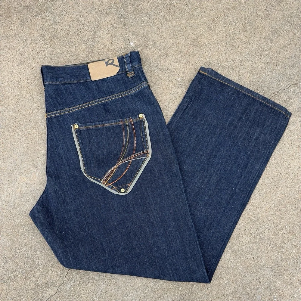 VTG Rocawear Baggy Blue Denim Jeans Men's 42x33 Wide Leg Loose Fit Hip Hop Y2K‎